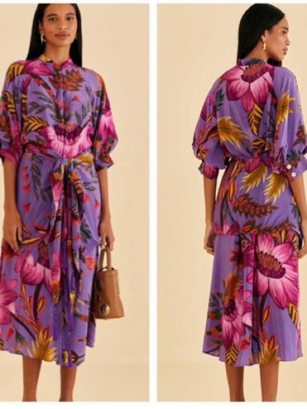Farm Rio Purple Floral Baloon sleeve Midi dress tassels belt NWT $265 Size S